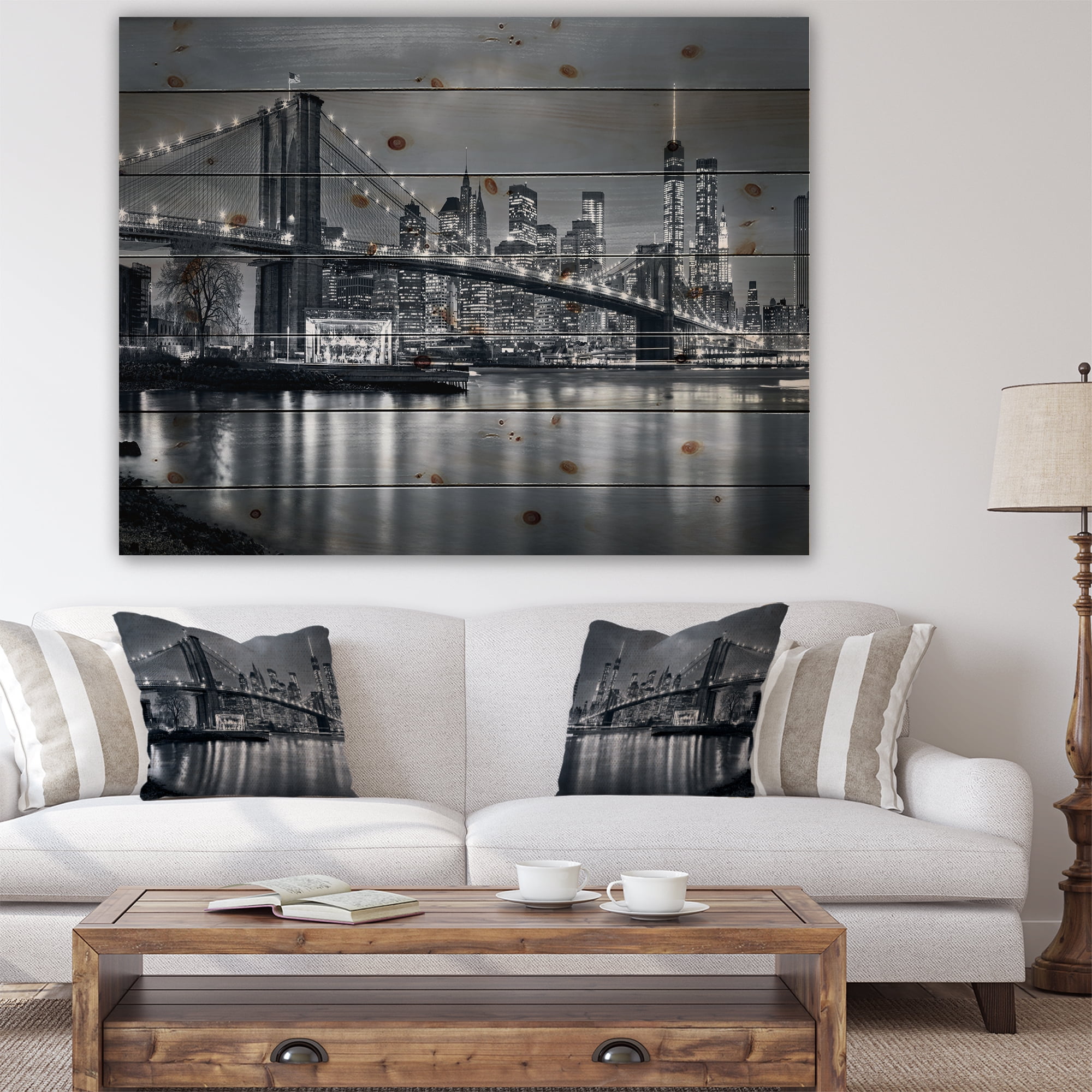 Designart 'Panorama New York City at Night' Cityscape Print on Natural Pine Wood