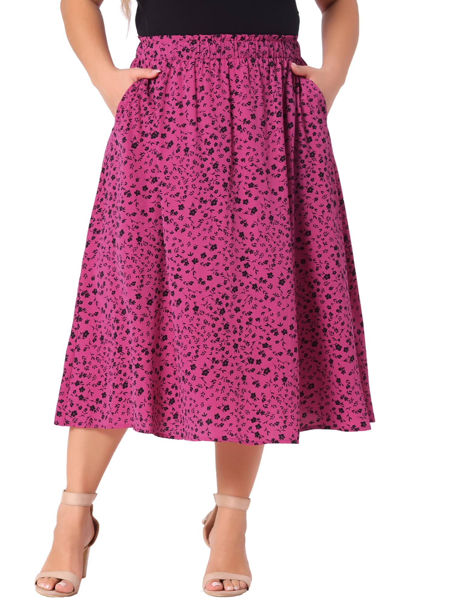 DARING DIVA Women's Plus Pleated High Waist Midi Casual Floral Skirt 3X Hot Pink