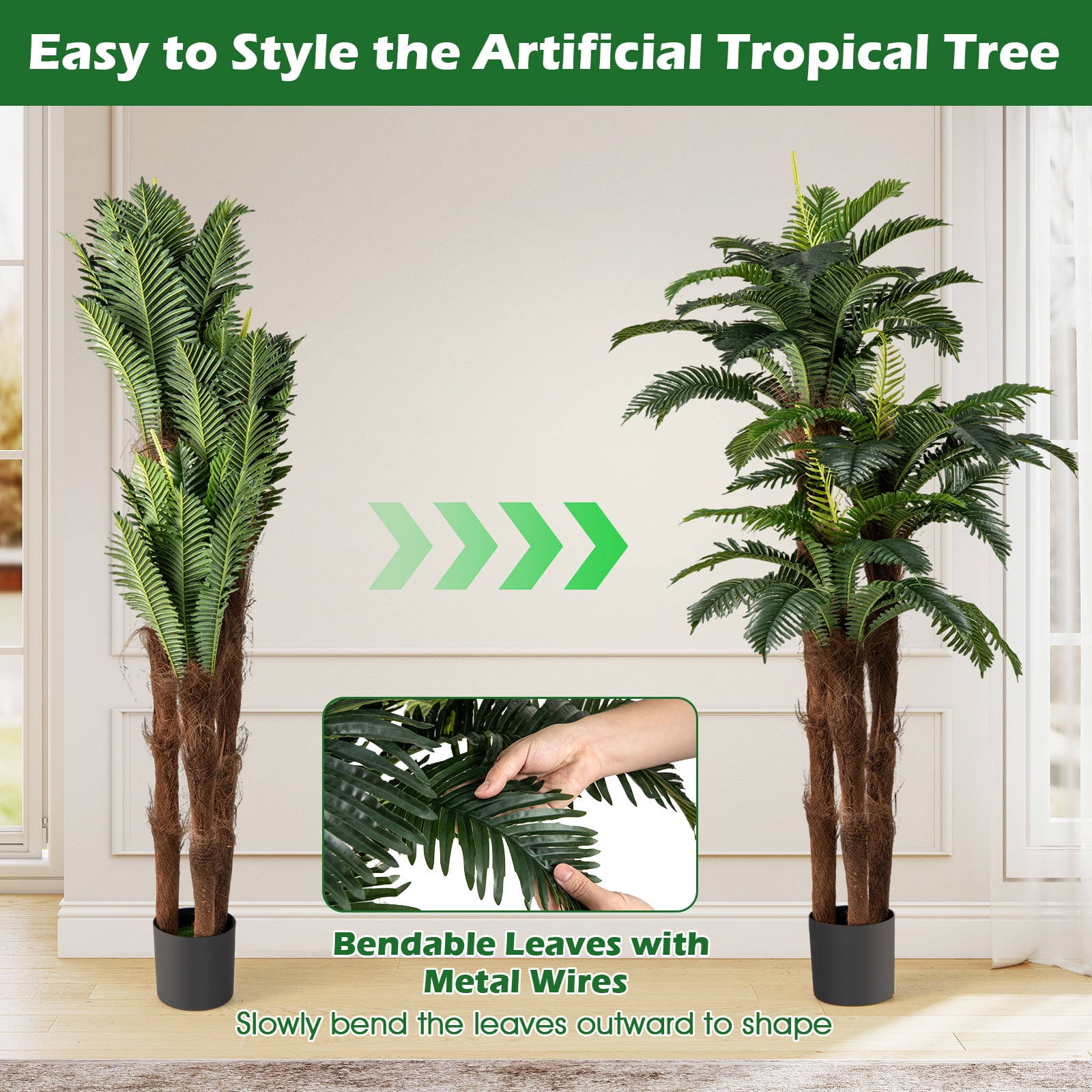 Gymax 2 Pack Artificial Palm Tree 6.3 ft Tall Fake Tropical Plant w/ 3 Real Barks