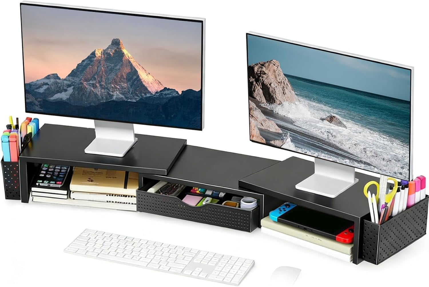 Metal Desk Organizers and Accessories, Dual Monitor Stand Riser with Drawer and 2 Pen Holders, Desk Accessories & Workspace Desktop Organizers for Office Supplies (Dark Gree)