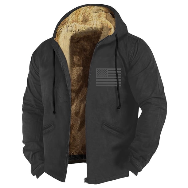 Men's Solid Color Flag Print Jacket Men's Spring And Autumn Casual Trend Zipper Hooded Jacket L