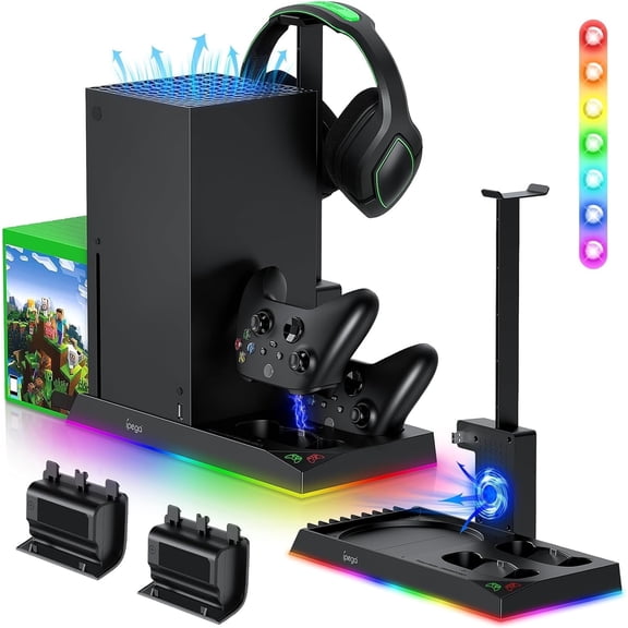 RGB Charging Stand with Cooling Fan for Xbox Series X Console & Controller, Cooler System Accessories with 15 RGB Lights,2 x 1400mAh Rechargeable Battery, Headphone stand,Black