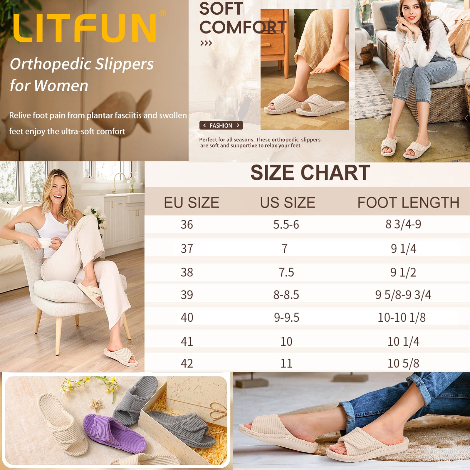 Litfun Orthotic Slippers for Women Adjustable Corduroy House Slippers Arch Support Slide Slippers, Beige, Size 8-8.5