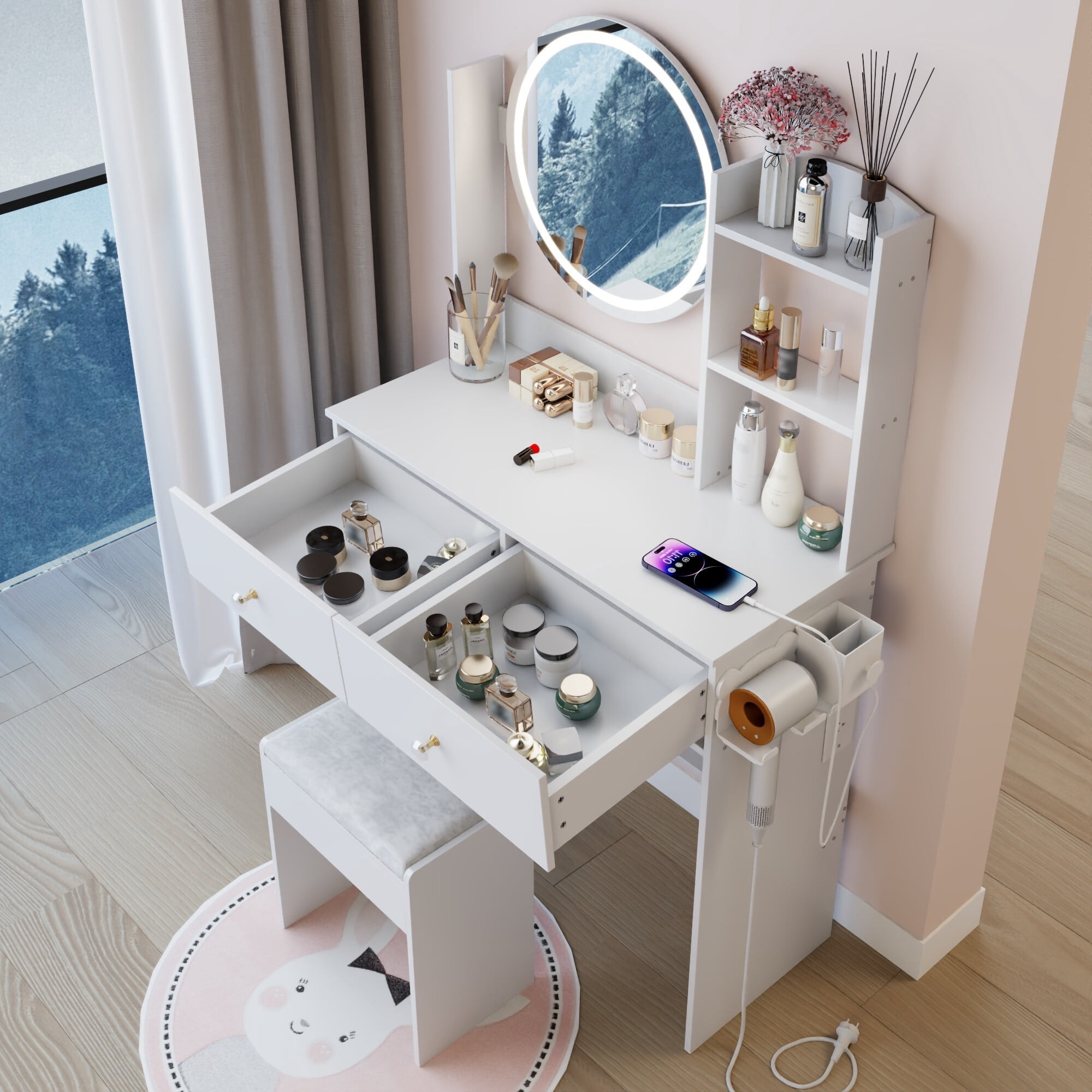 AENKYO LED Vanity Table Set with Lighted Mirror, Charging Station, 2 Drawers, Shelves & Upholstered Stool, White