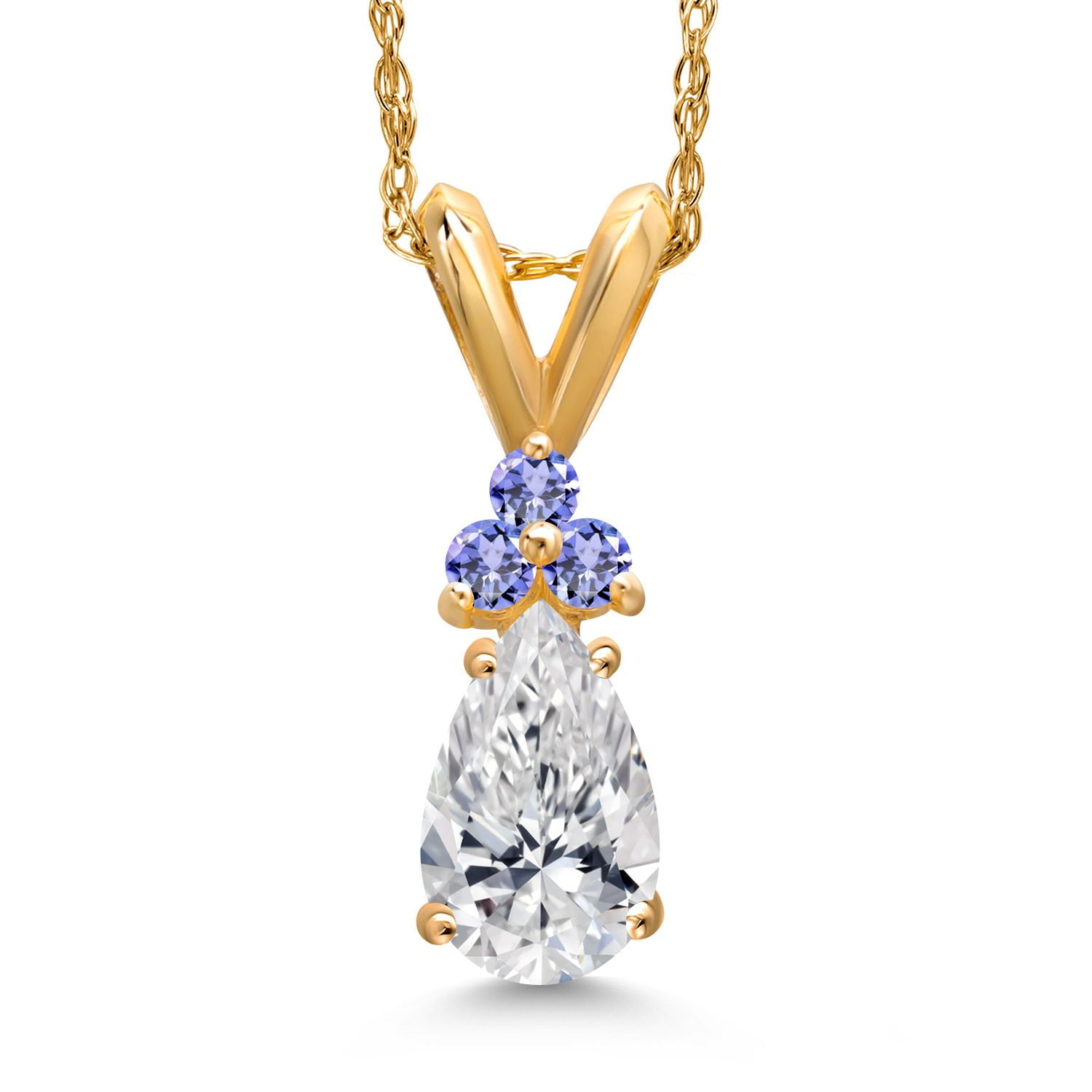 Gem Stone King 14K Yellow Gold DEF Lab Grown Diamond and Blue Tanzanite Pendant Necklace for Women | 0.61 Cttw | Gemstone April Birthstone | Pear Shape 7X5MM | With 18 inch Chain