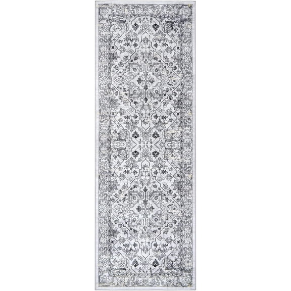 Entryway Runner Rug, Washable Vintage Low Pile Stain-Resistant, Non-Slip Soft Thin Carpet for Kitchen, Bedroom, Bathroom (Grey, 2x6ft)