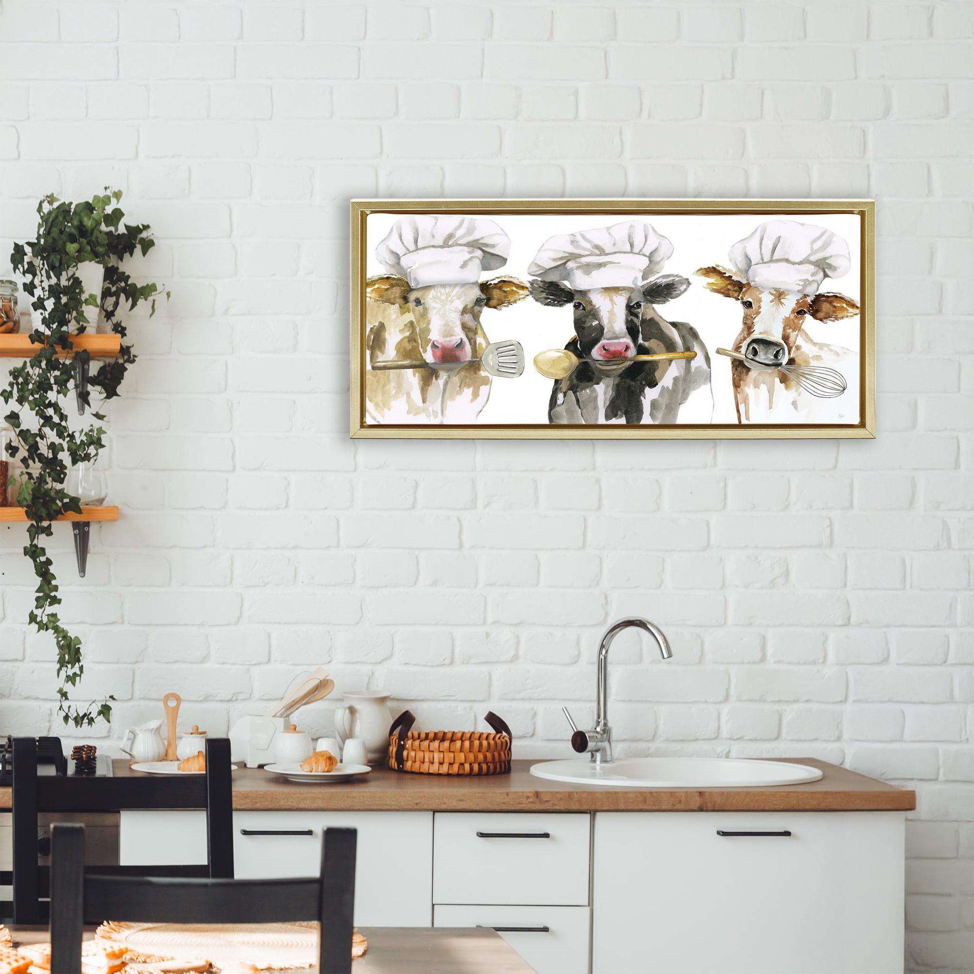 Stupell Industries Cow Chefs with Utensils Gold Framed Floater Canvas Wall Art, design by Nan