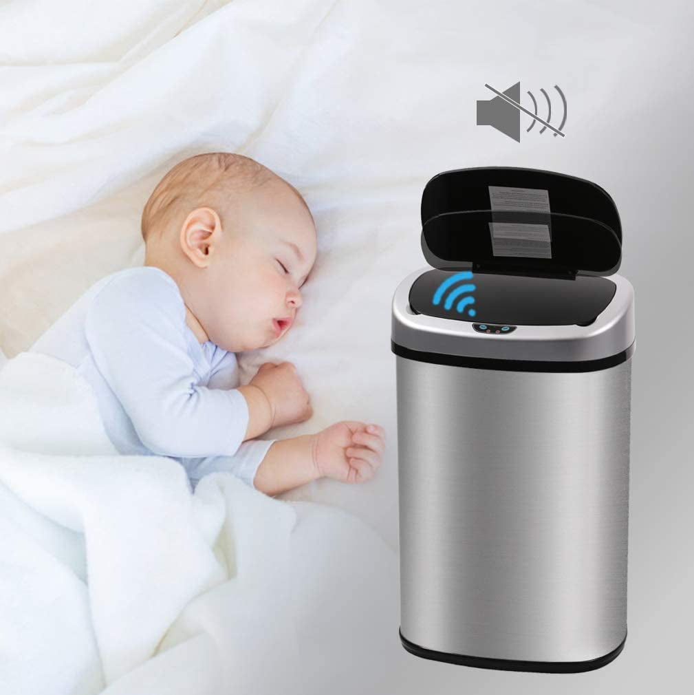 Dkelincs Automatic 13 Gallon Kitchen Can Stainless Steel Touch Free Trash Can with Lid Waste Bin for Kitchen Bathroom Bedroom Office, Powered by 4x C Batteries Trash Can