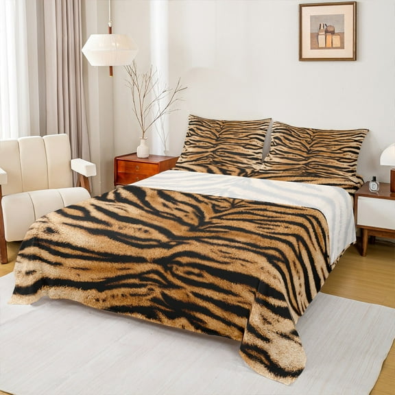 jejeloiu Jungle Tiger Striped Twin Sheet Sets,Rustic Wildlife Hunting Twin Fitted Sheet,Brown Black Flat Sheet For Adult,Microfiber Bedroom Decor,3-Piece