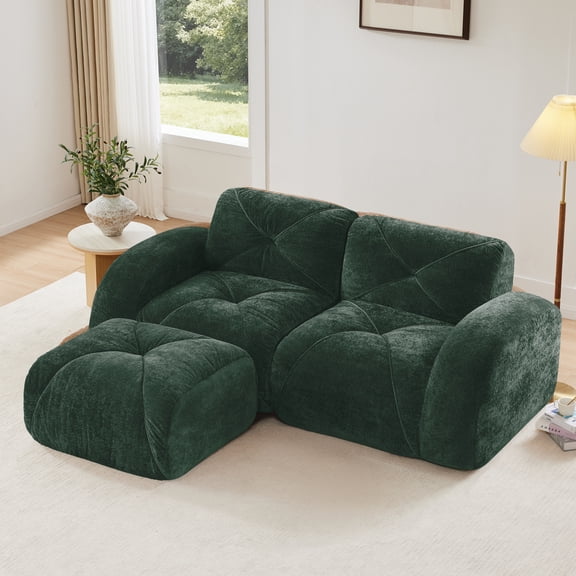 L-Shaped Boneless Sofa, Soft Velvet Fabric, Tufted Design, 32D High Density Sponge, No Assembly Required, Ergonomic Bottom Design, Anti-Slip Design, Movable Ottoman for Bedrooms, Green