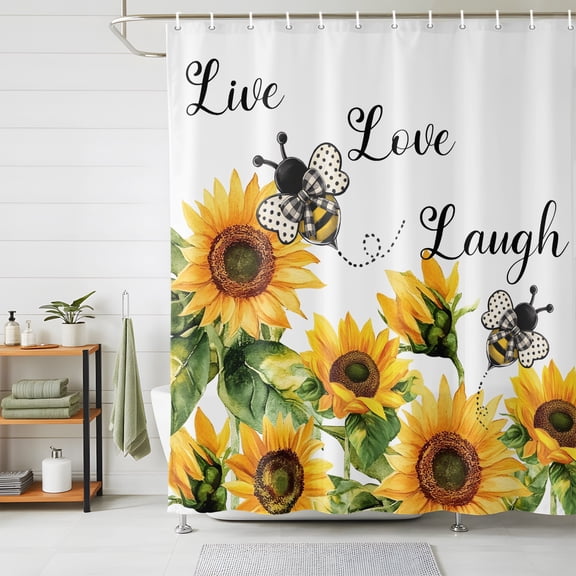 Shower Curtains for Bathroom, Sunflower Bee Waterproof Fabric Shower Curtain, Vintage Yellow Floral Farmhouse Watercolor Decorative Bathroom Curtain for Bathtub, 72"x84", No Hooks Included