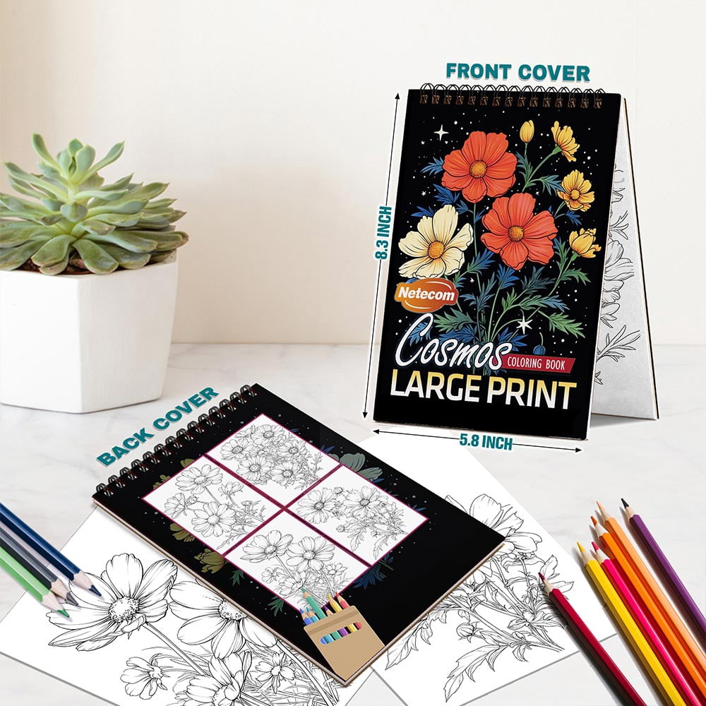 Netecom Large Print Cosmos Coloring Book Spiral Bound for Adults, A5 Wooden Cover, 30 Bold and Simple Flowers Coloring Pages of Oversized Designs for Stress Relief and Relaxation