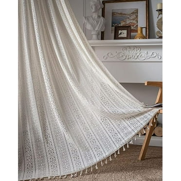 Nvzi Farmhouse Cotton Crochet Lace Window Curtain Panel with Tassels Rod Pocket Semi Sheer Hollow Curtains for Bedroom Living Room, 1 Piece (Beige B,59"x79")