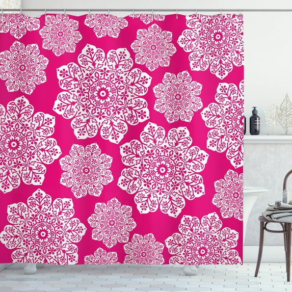 Ambesonne Hot Pink Shower Curtain, White Floral Mandala, 69"Wx84"L, Hot Pink White