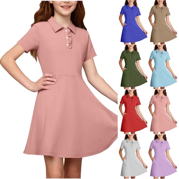 Hzzrkos Girls Casual Loose Solid Color Polo Neck Short Sleeve Patch Pocket Swing Mini Dress Pink