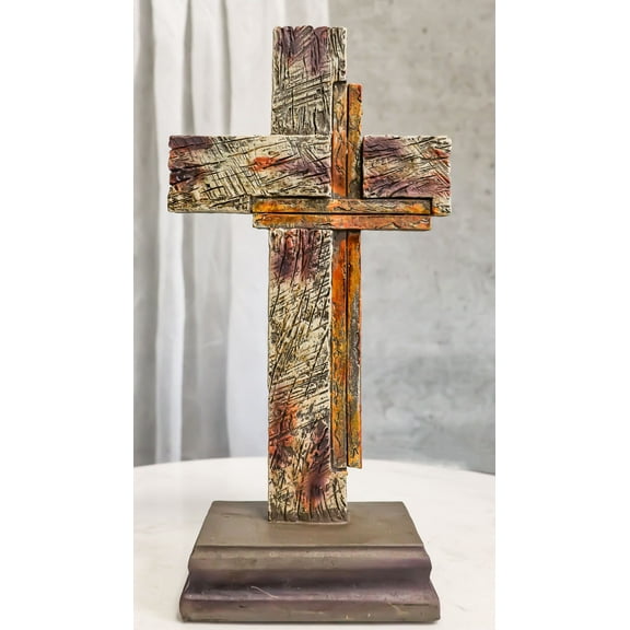Western Vintage Distressed Layered Wood Grain Pattern Faux Wooden Desktop Cross