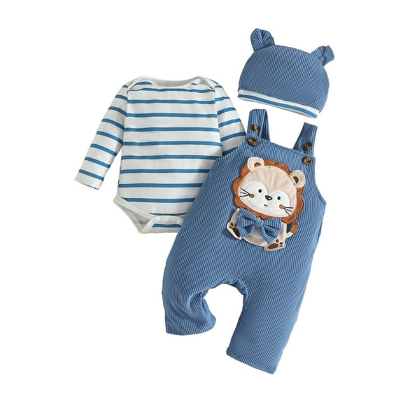 RUTAYY Toddler Boys Girls Outfit Sets Long Sleeve Striped Prints Romper Bodysuit Cartoon Suspender Pants Versatile Clothing Sets