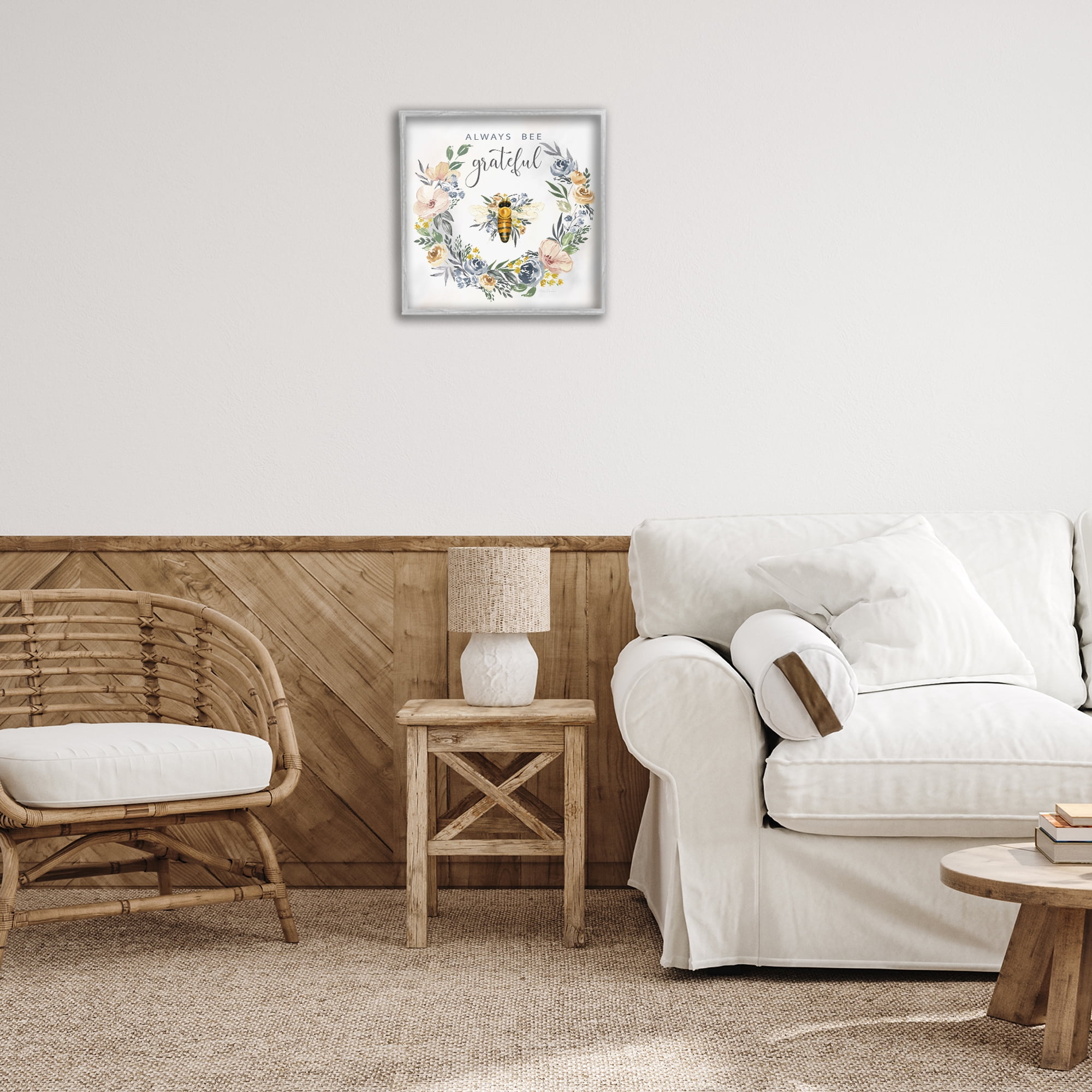 Stupell Industries Country Bee Grateful Botanical & Floral Painting Gray Framed Art Print Wall Art, 17 x 17