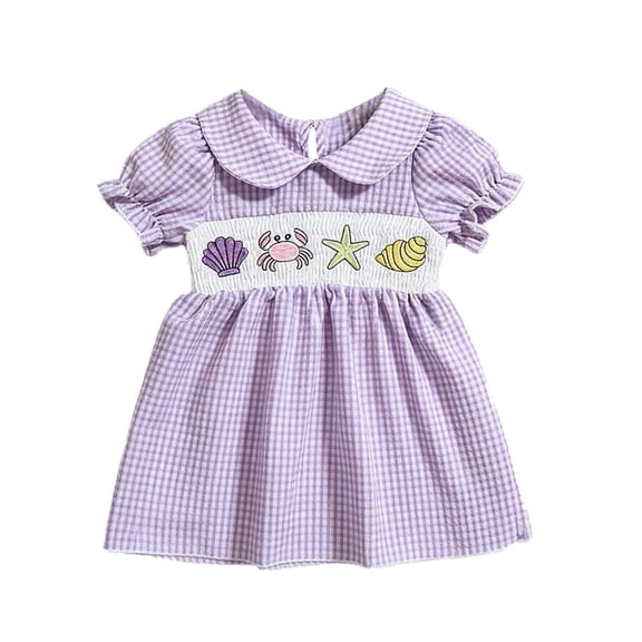 Krdevn Toddler Girls Gingham Dress Flutter Collar with Sea Creature Embroidery Casual Summer Sundress,2-3 Years