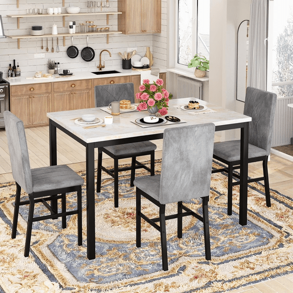 MIERES Dining Table Set for 4 ,Kitchen Table with Modern Faux Marble Tabletop and 4 Velvet Upholstered Chairs, Dining Table for Apartments, Kitchens, Dining Rooms, Breakfast Nooks