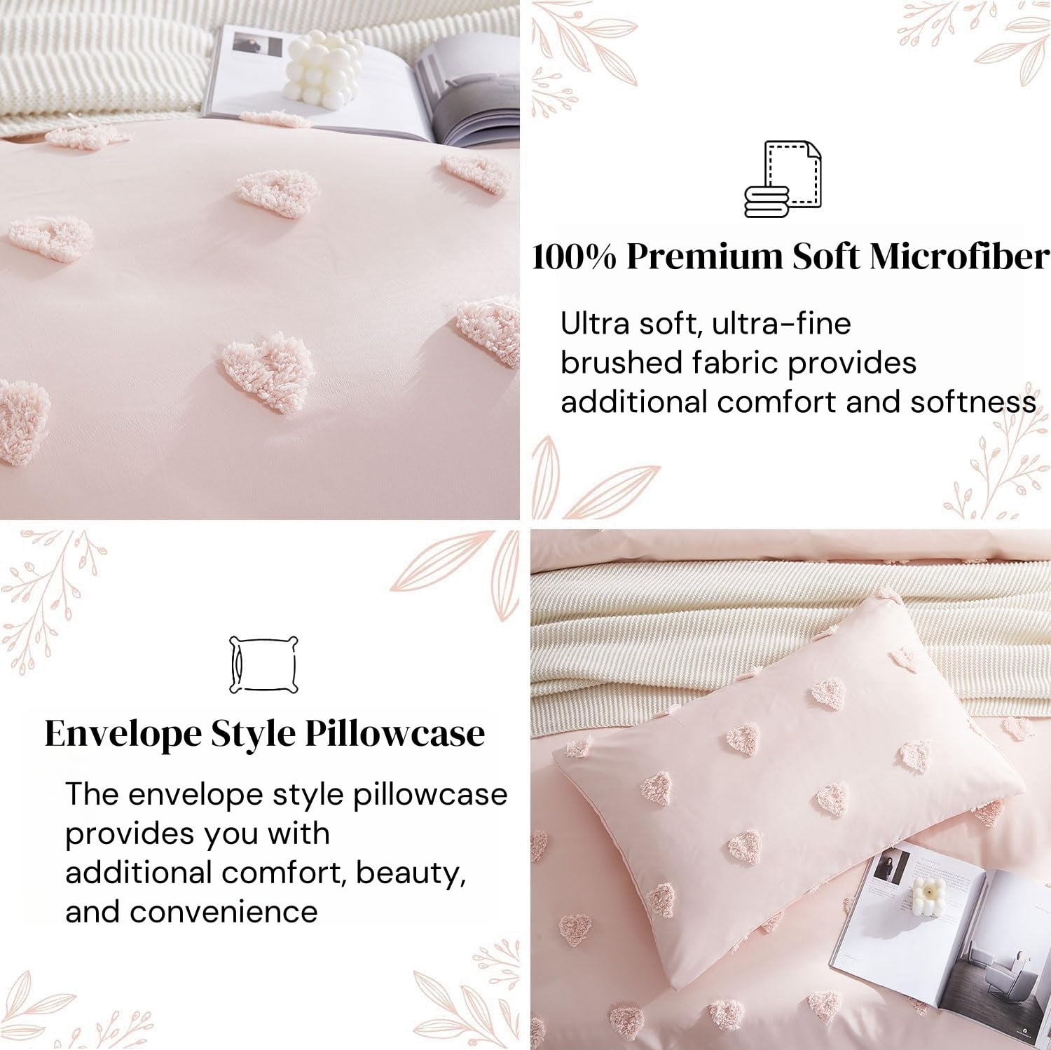 JOLUSERE Pink Tufted Heart Dot Duvet Cover Queen Set, 3 Pieces Ultra Soft Jacquard Embroidery Shabby Chic Bedding Set for All Season