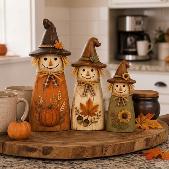 3 Pcs Autumn Wooden Scarecrow Decor, Vintage Rustic Fall Tabletop Decorations, Farmhouse Tiered Tray Mantel Shelf Accents for Thanksgiving Harvest Home