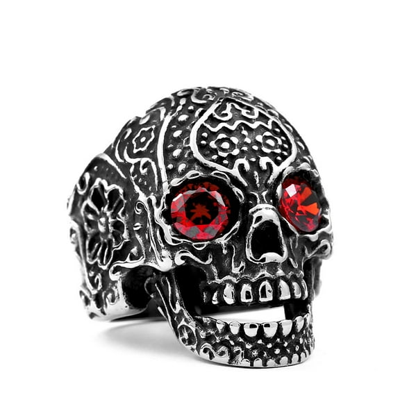 ZMY Home Stainless Steel Party Chunky Jewelry Red Gem Eye Flower Skull Ring for Men (11)
