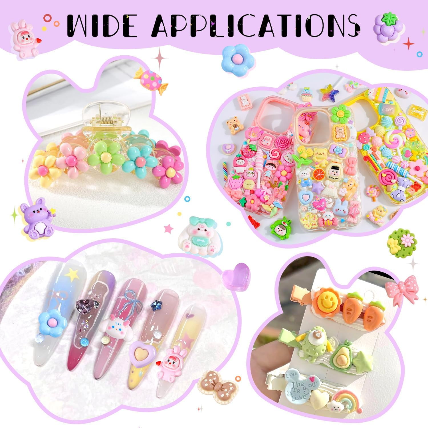 MEC 120Pcs Candy Slime Charms Assorted Cute Decoden Embellishments, Kawaii Slime Accessories,Bulk Lollipop Bow Rainbow Flatback Resin Charm for Phone Junk Cases,Scrapbooking Crafting & DIY Decoration