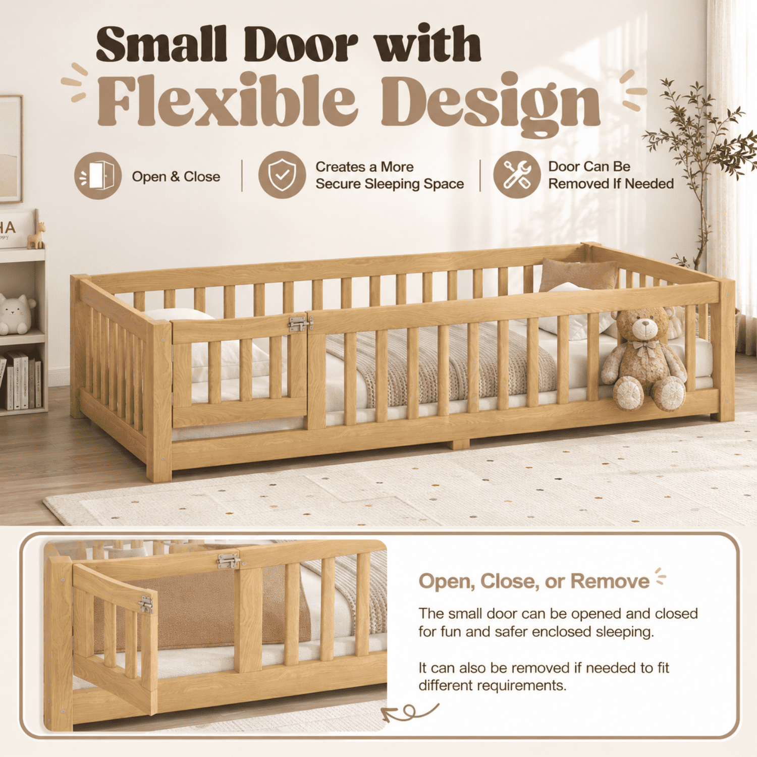 Miniyam Twin Floor Bed for Kids – Low Profile Wood Bed Frame with Rails, Natural