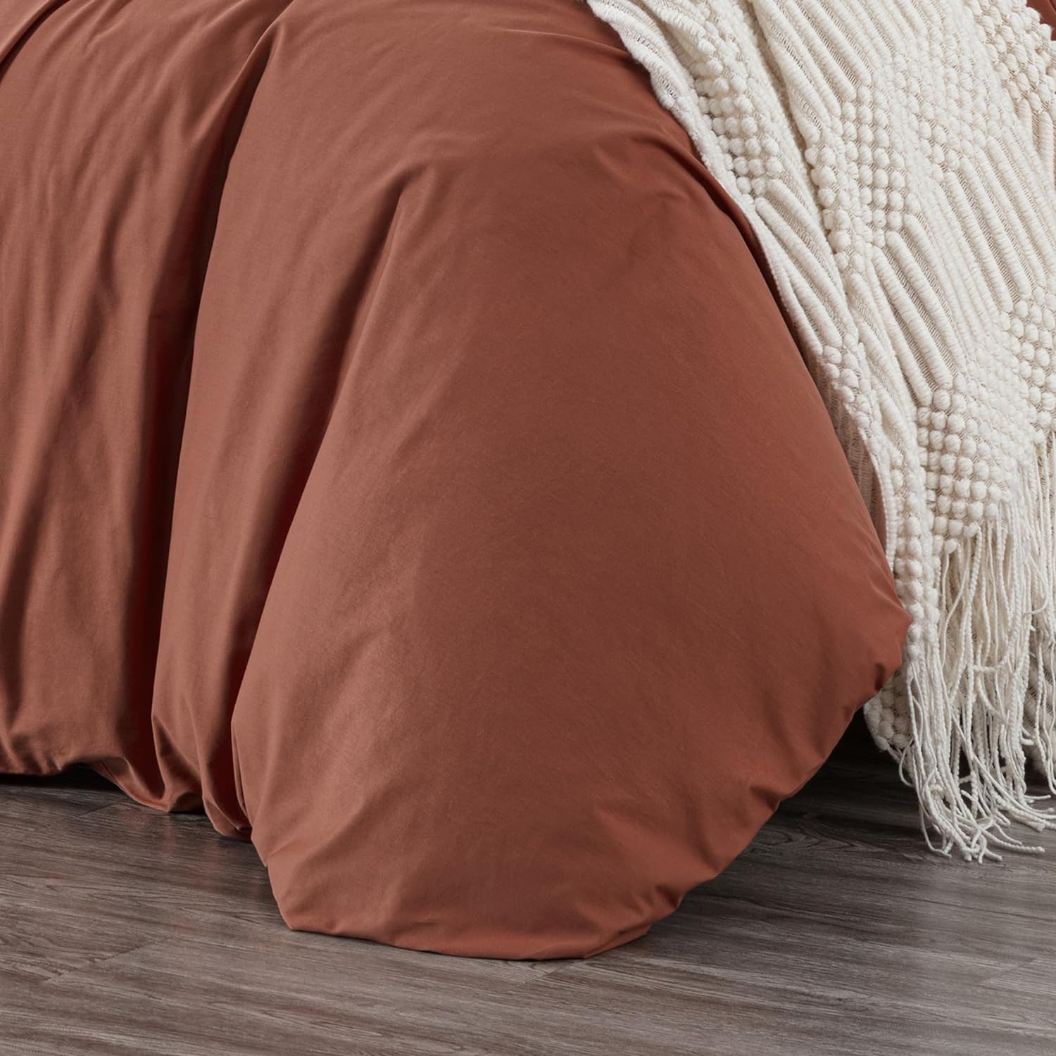 Chezmoi Collection Solid Terracotta 100% Cotton Duvet Cover Set Queen Size, 3-Piece Luxury Soft Breathable Smooth Cooling 250TC Cotton Twill Comforter Cover with Button Closure