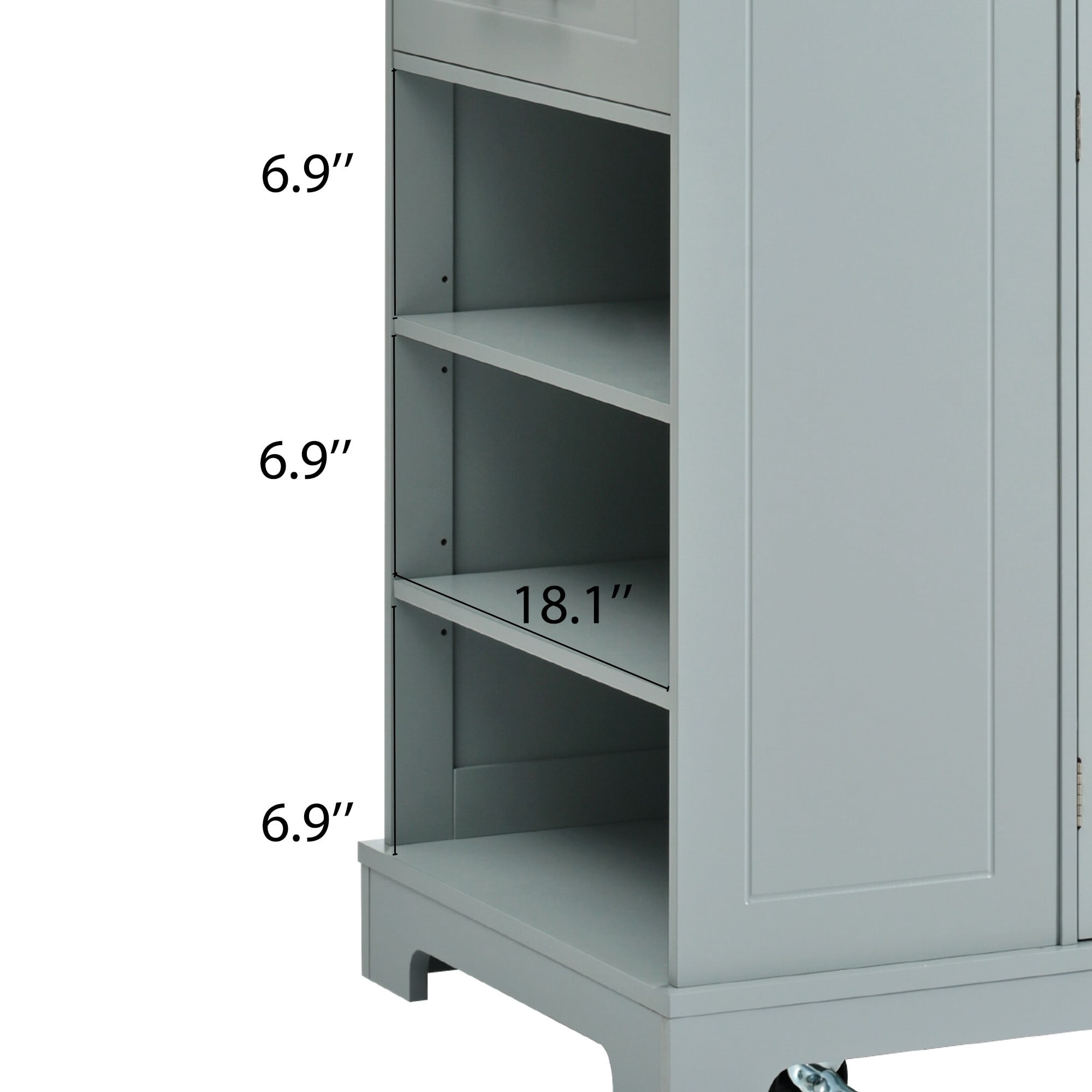 AENKYO Fluted Kitchen Island with Trash Can Storage Cabinet, Power Outlet, Internal Storage Rack, Rolling Kitchen Islands on 5 Wheels with 3 Drawer, 3 Open Side Racks for 10 Gallon Garbage Bin,Green