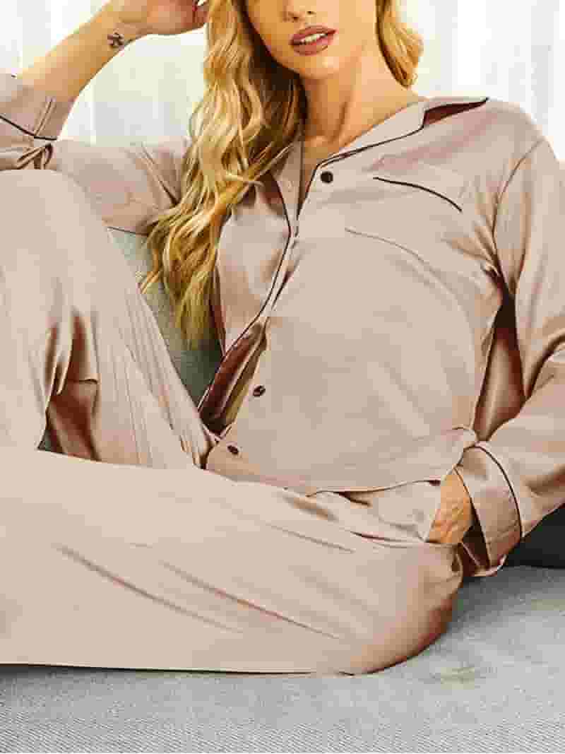 ずっと気になってた DAKIMOE Sleeve Long Set Pajamas Satin Silky Womens Sleepwear Clothing