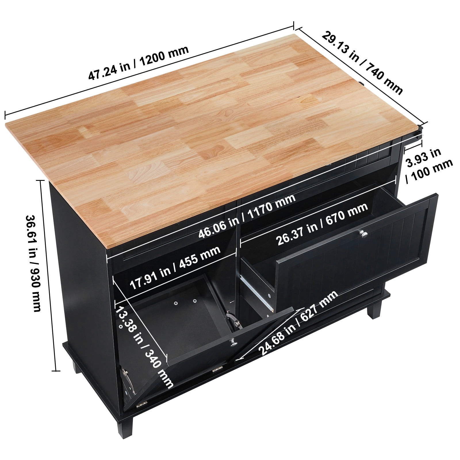 VEVOR Kitchen Island Cart, 50" Wood Top Breakfast Bar with Trash Cabinet Tilt Out 10 Gallon Storage, Farmhouse Dining Living Room Table with Drop Leaf, Towel Bar, Drawer, Black