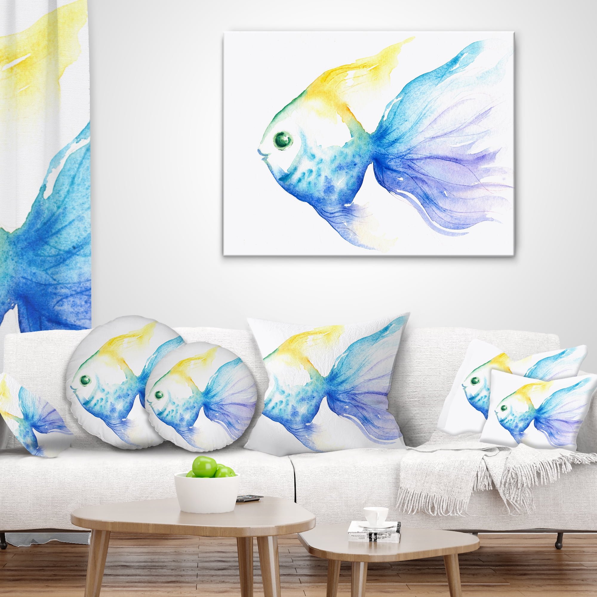 Designart Lovely Blue Fish Watercolor - Abstract Throw Pillow - 16x16