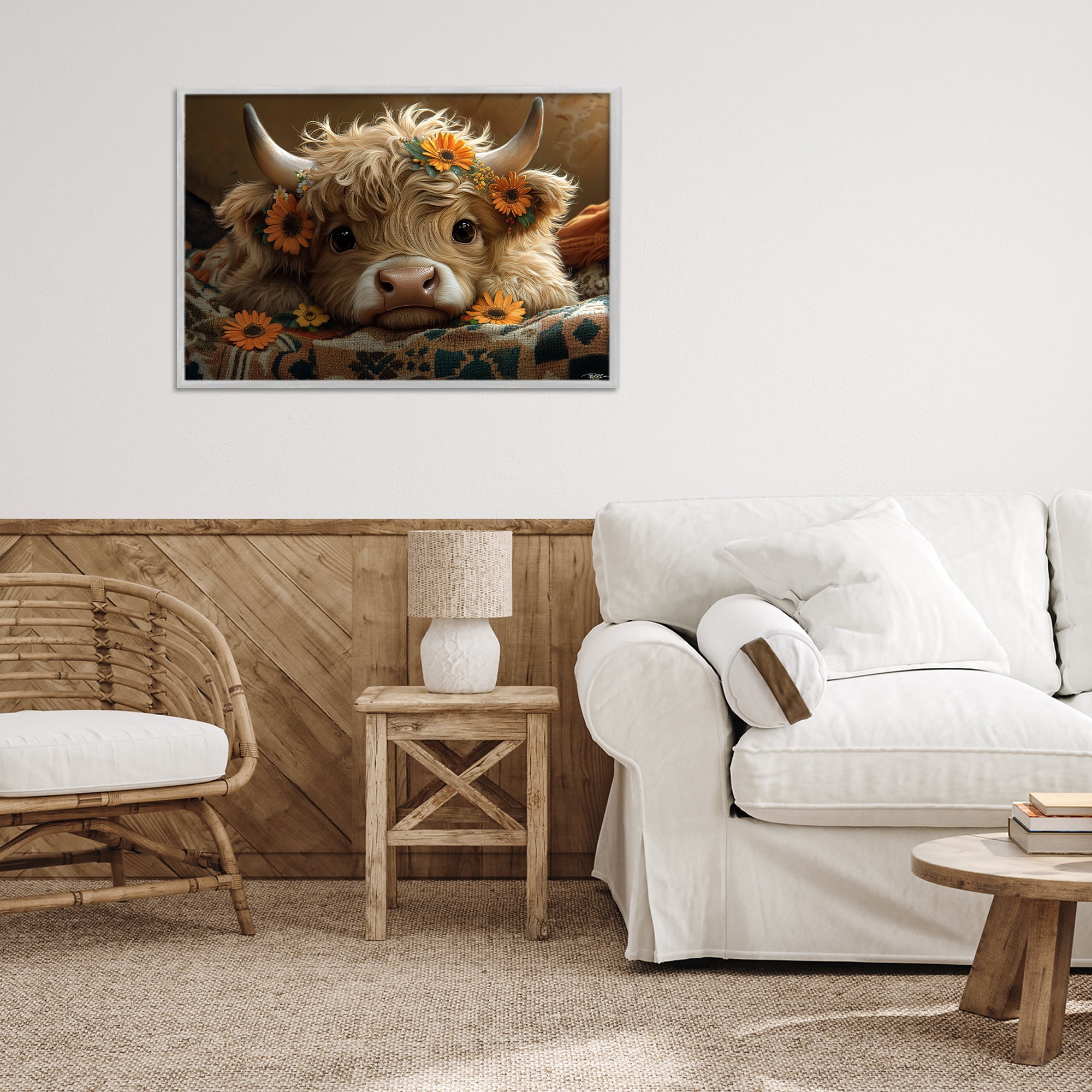 Adorable Flower Bedecked Cattle Gray Framed Giclee Art, design by Momart
