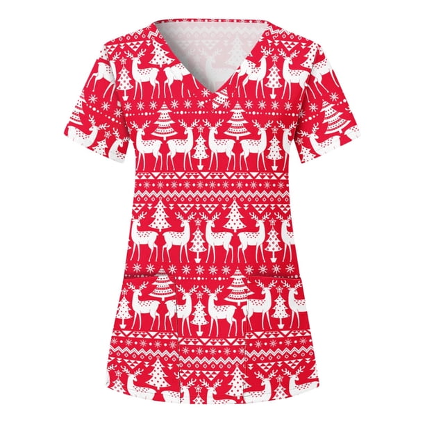 Tops de Mujer Tops de Uniforme de Trabajo Blusa de Bolsillo Con Cuello en V de Manga Corta A La Moda Con Estampado Navideño Odeerbi ODB179412