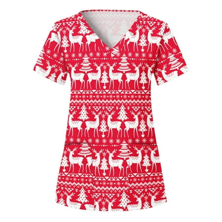 

Zeceouar Ugly Christmas Scrubs for Women Womens Christmas Short Sleeve Scrubs Tops Xmas Hoilday Professional Medical Nursing Uniform Pockets Blouse on Clearance