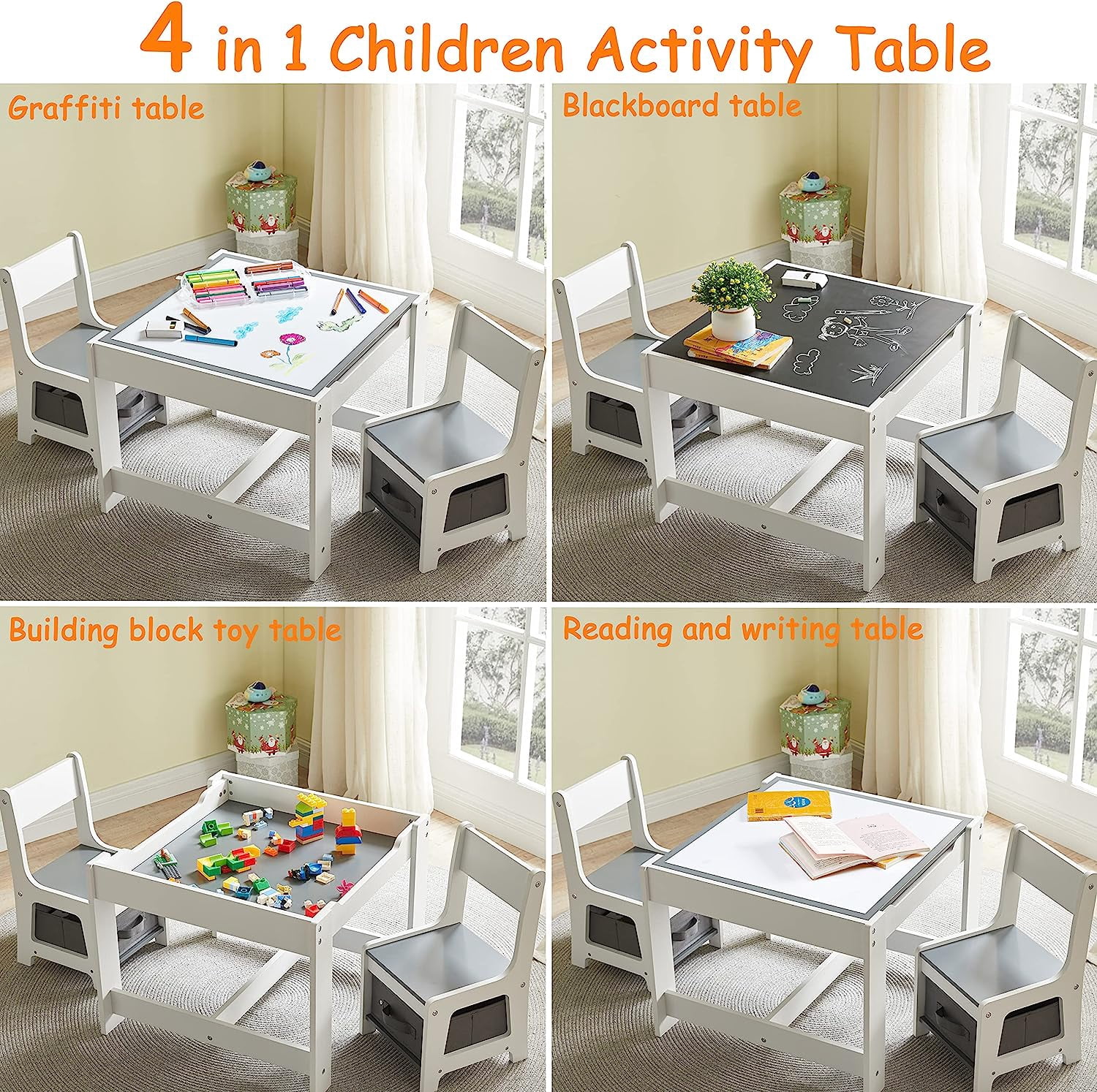 Kids Table and Chair Set, 3 in 1 Wooden Activity Table with Storage Drawer for Toddlers Drawing, Reading, Crafts, 2 in 1 Detachable Tabletop Table Set for Nursery, Playroom