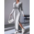 thumbnail image 6 of Women'S Casual Long Sleeve Collar V Neck Maxi Sweater Dress Slit Thigh Ribbed Knit Bodycon Pencil Dresses Gray L, 6 of 9