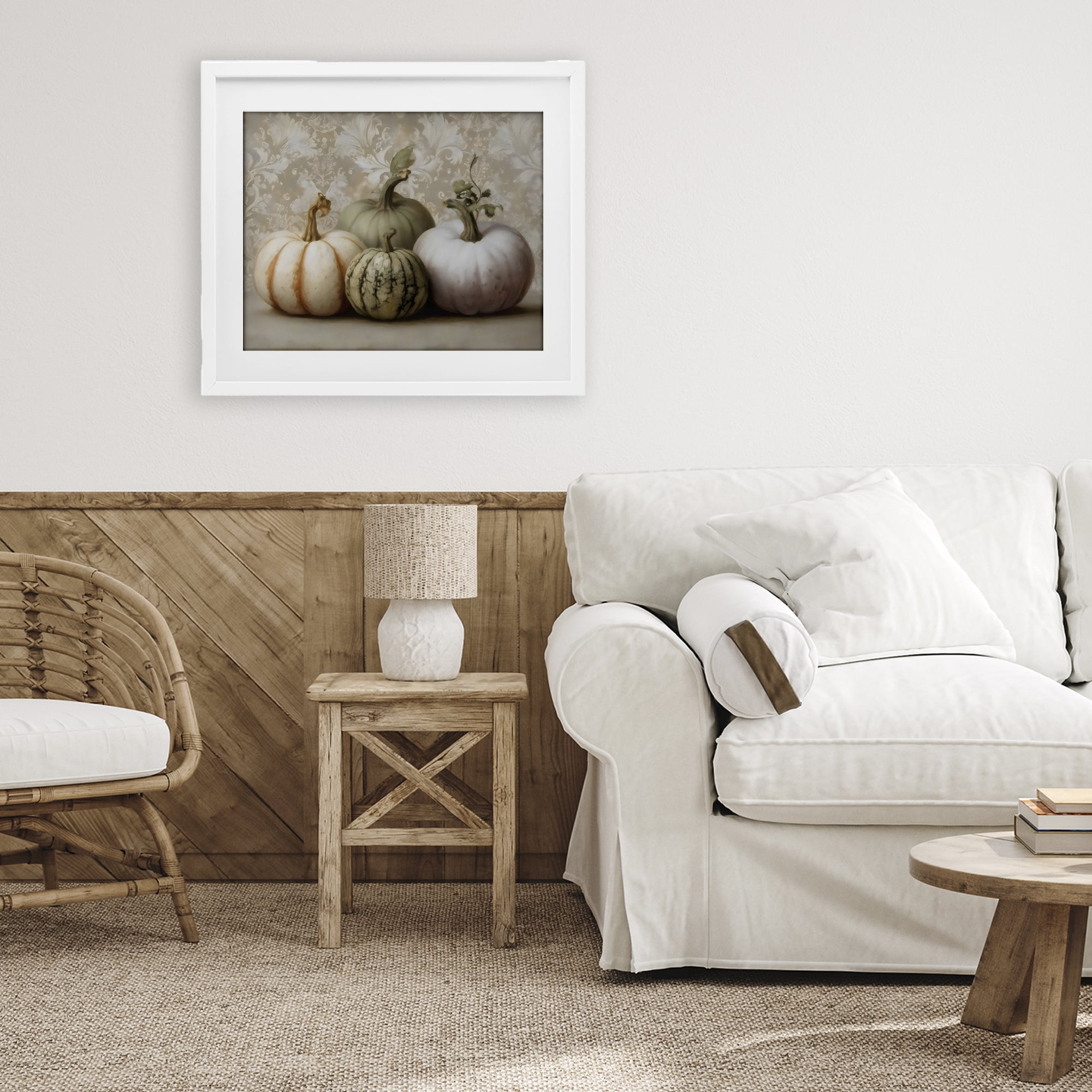Stupell Industries Pastel Gourds on Vintage Pattern White Framed Print Under Glass, design by Arlington Prints