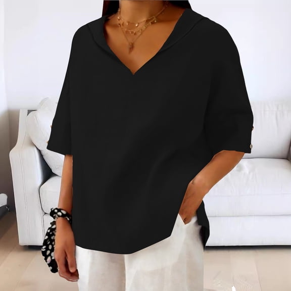 Womens Tops V Neck Lapel Solid Color Cotton Linen Loose Hooded Top T Shirt Short Sleeve T Shirt