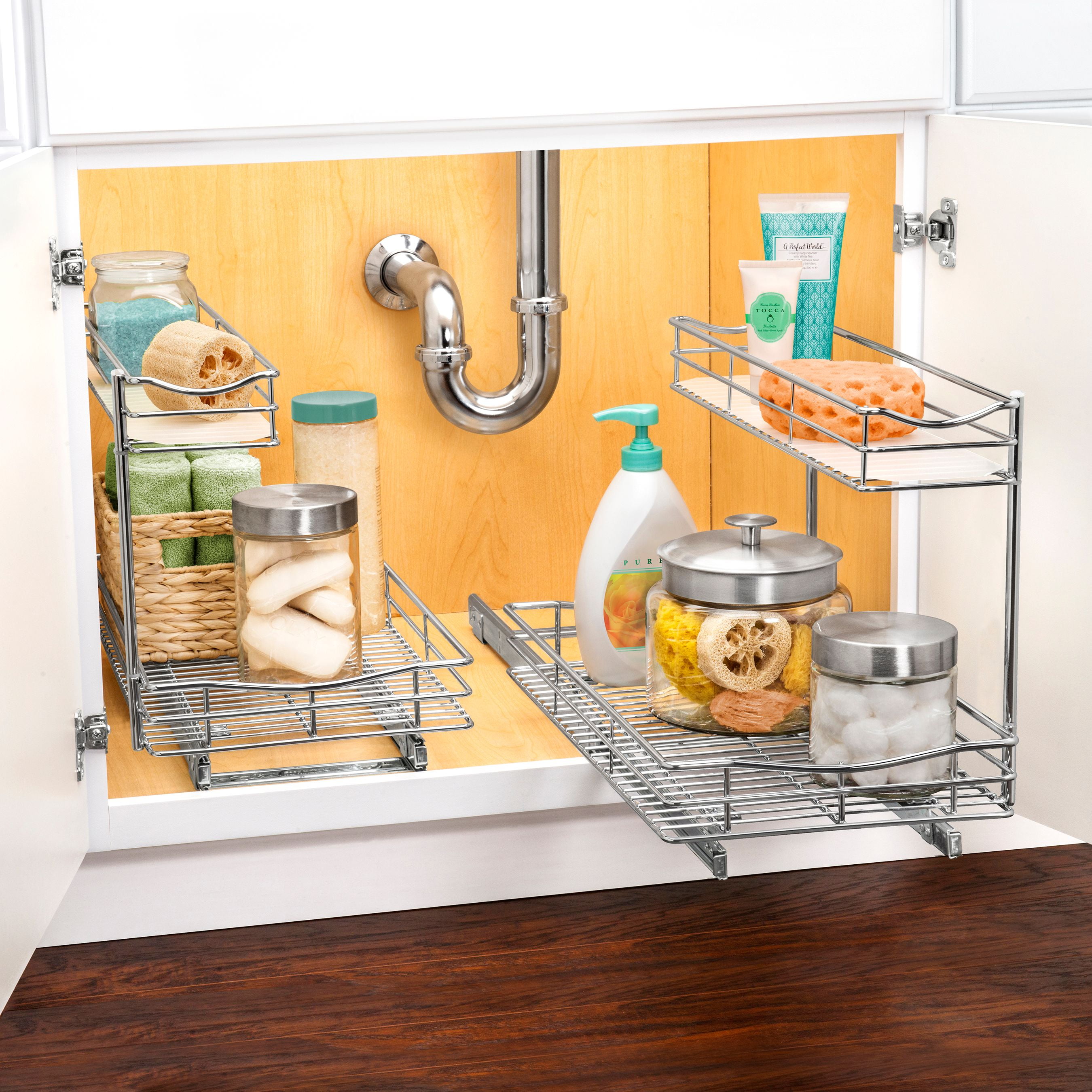 2 Tier Roll Out Sliding Shelves 9 W 18.5 D 16 H STORKING 2Pcs Under Sink Pull Out Cabinet Organizer Slide Wire Shelf Basket Perfect for Kitchen Base Cabinets 