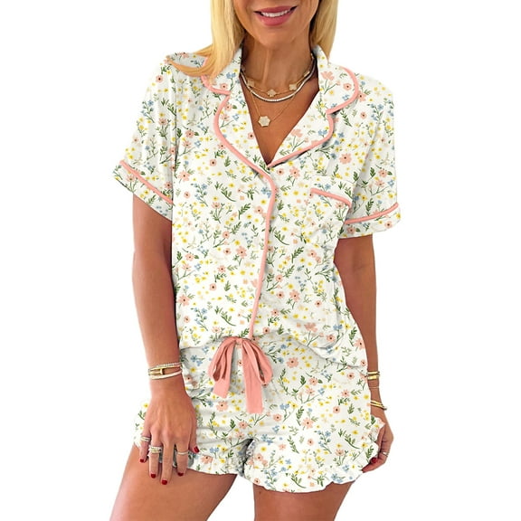 Women's White Floral Print Short Pajamas Set with Contrast Pipping | [ZhiHiMeRi] | (US 12-14)L