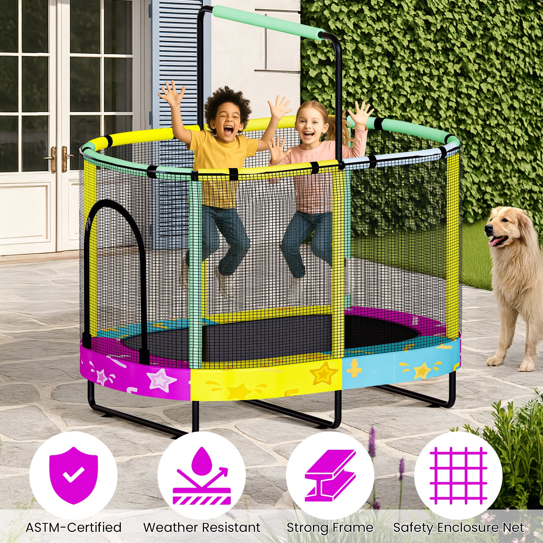 Baxluxe 60" Kids Trampoline 7-in-1, Elliptic Toddler Trampoline with Safety Enclosure Net, Height Adjustable Handrail & 500lbs Capacity, Mini Bouncer with Swing for Age 3-8, Stars