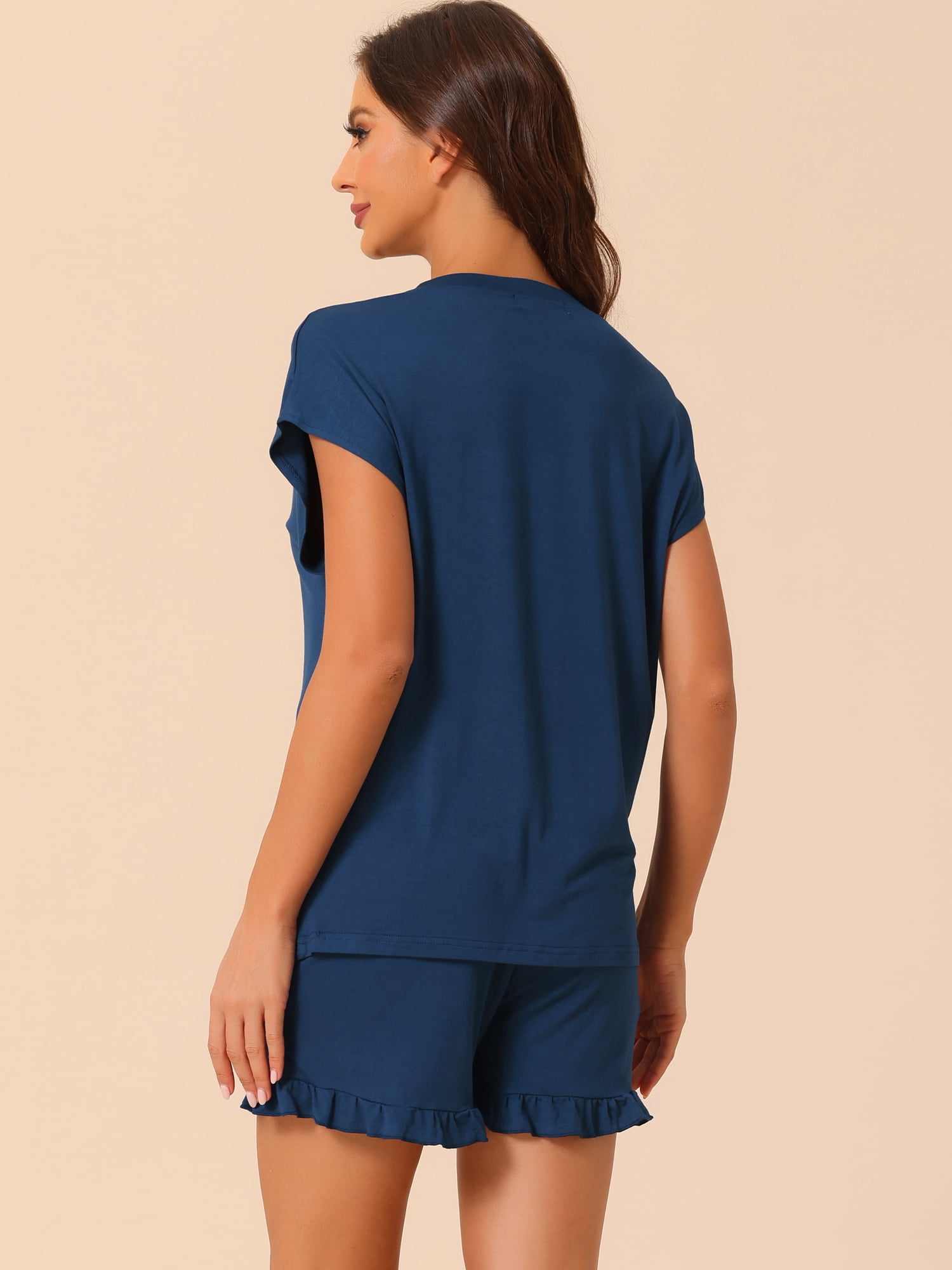 DARING DIVA Women's Lounge Pajamas Short Sleeve Tops with Shorts Pockets M Blue