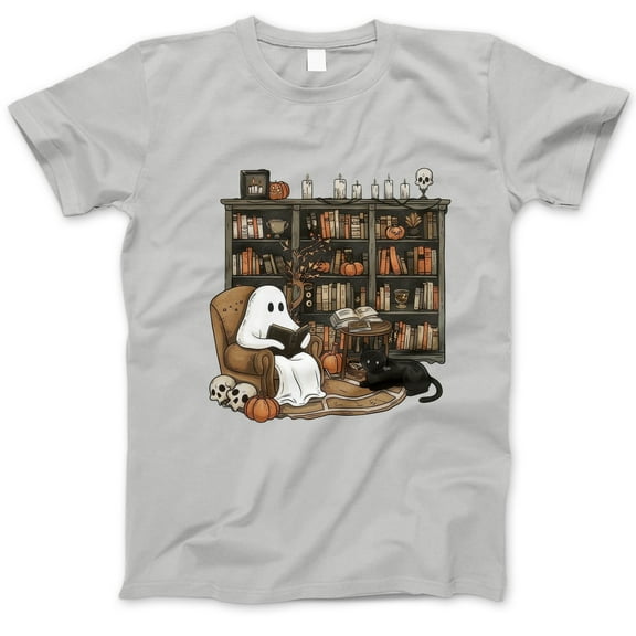 Halloween Ghost Reading Books T-Shirt with Black Cat, Spooky Library Bookshelf Tee, Cute Ghost Shirt, Witchy Book Lover Gift, Fall Aesthetic Top