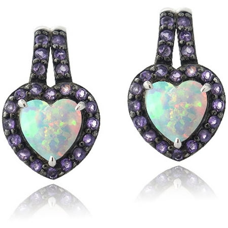 Created White Opal and Amethyst Heart Sterling Silver Drop Earrings