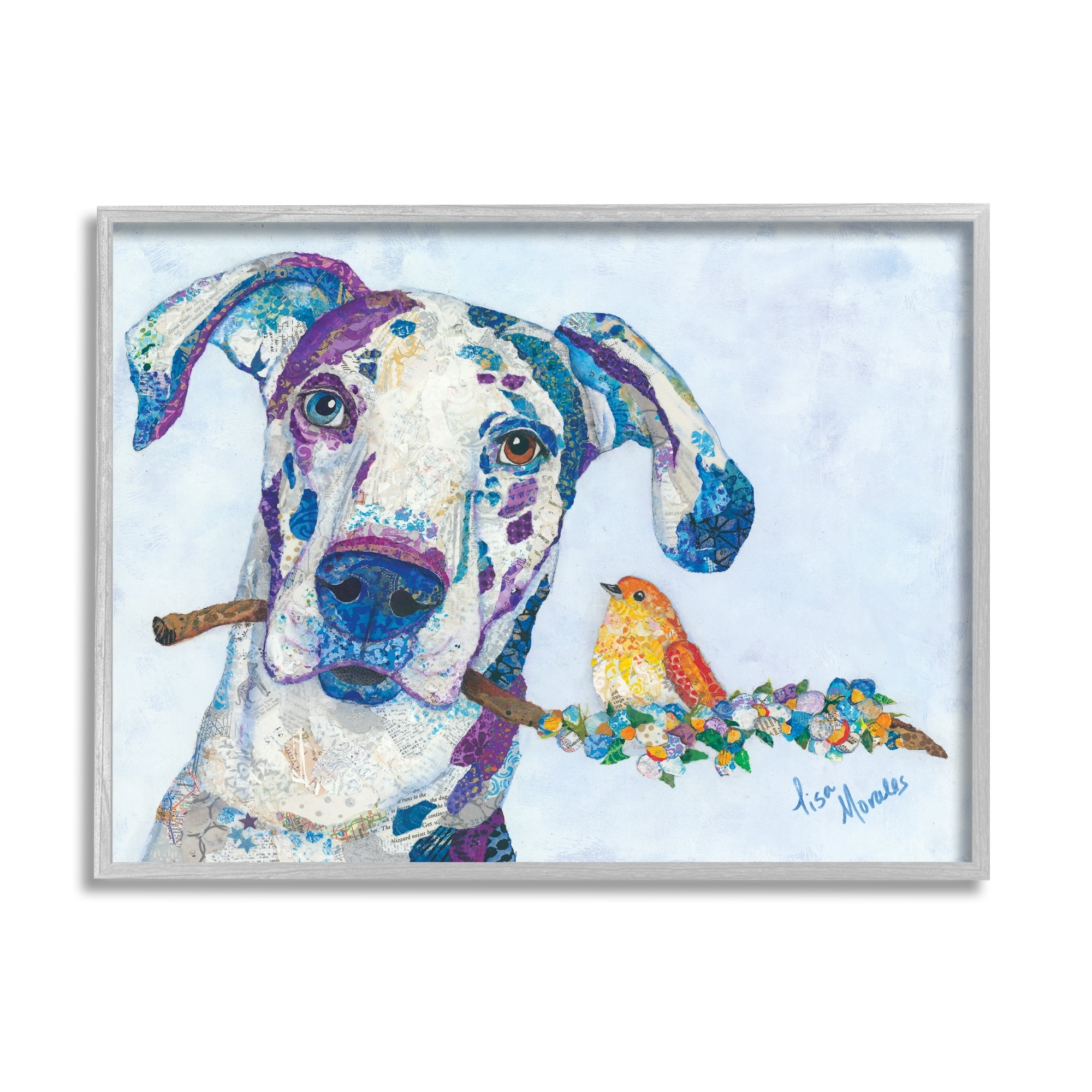 Stupell Industries Dane & Songbird Perched Branch Floral Dog Collage Painting Gray Framed Art Print Wall Art, Design by Lisa Morales
