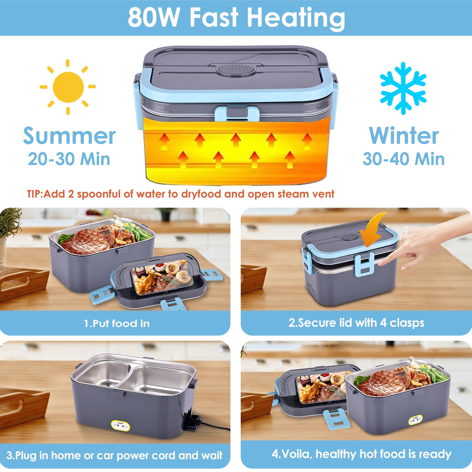 Electric Lunch Box Food Heater for Work, 100W Heated Lunch Box for Adults, Portable Food Warmer with 2 Packs Stainless Steel Containers for Car, Office, School with Carry Bag 12V-24V 110V