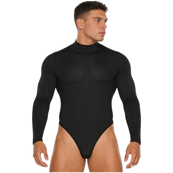 Hansber Men's Mock Turtleneck Shirts Basic Long Sleeve Bodysuit Button Crotch Undershirts Romper Dance Leotard Black L